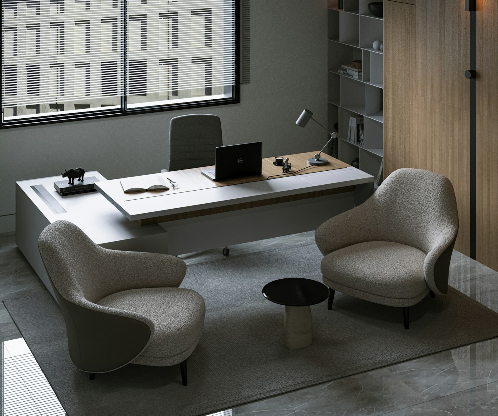 Spazio di lavoro moderno e tranquillo con portatile e poltrone